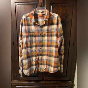 Merrell Flannel Shirt Mens Xxl Plaid Yellowstone Orange Blue Thanksgiving fall